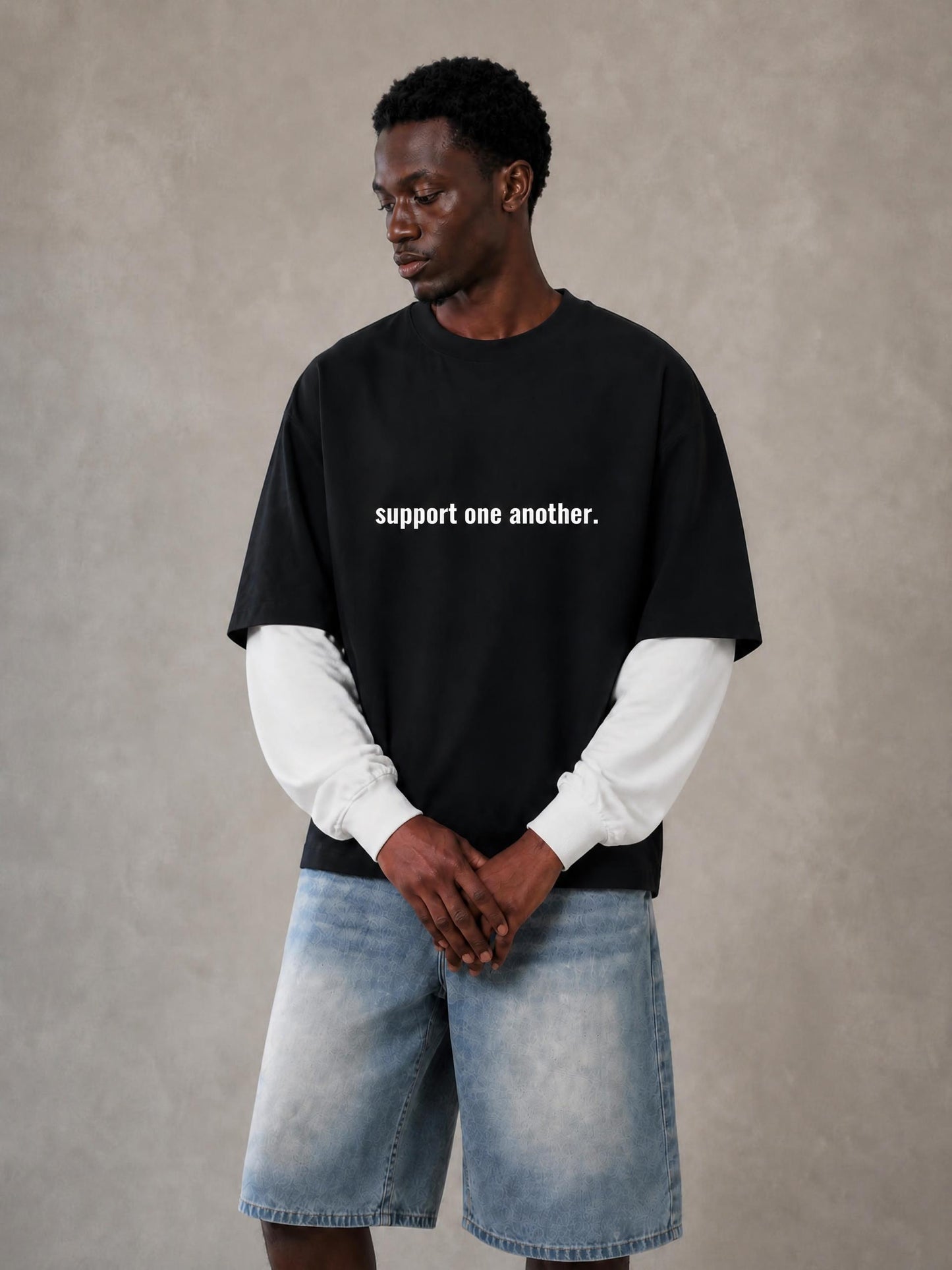 Layered Contrast Sleeve Cotton T-Shirt